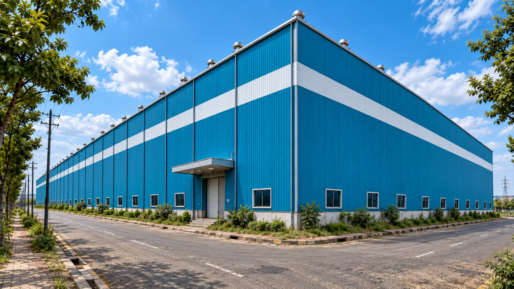 Blue PEB warehouse on an industrial estate