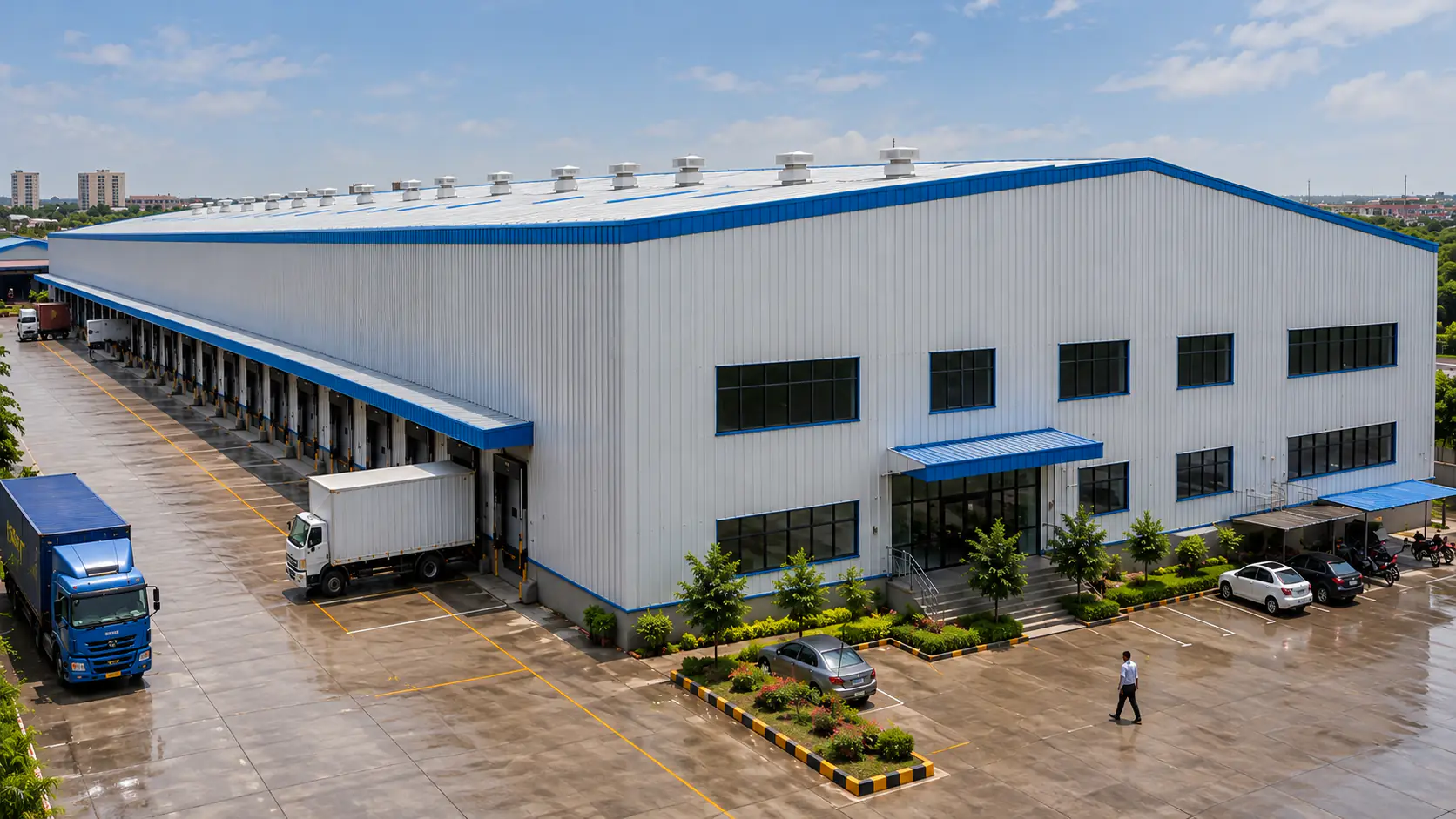 Steel warehouse with blue trim and loading bays